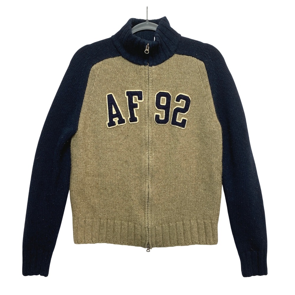 Abercrombie & Fitch Sweater Mens M Tan Muscle Fit Lambswool Varsity Full Zip